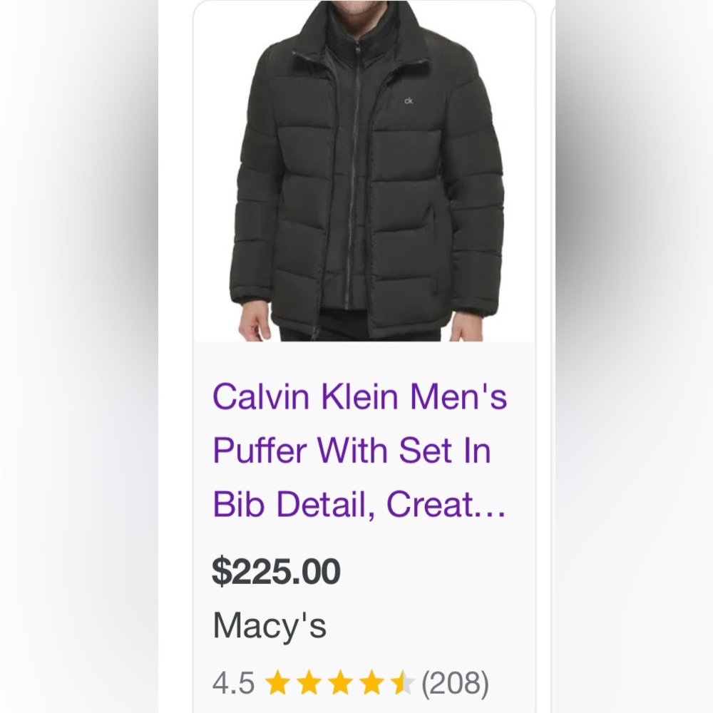 Calvin Klein Puffer Jacket Mens Medium Classic Bib Detail Coat Worn Once